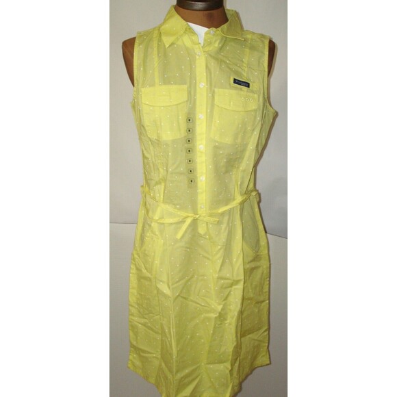NWT New Womens Columbia Yellow Blue White Dot Dress PF M Pockets Cotton Rod Logo - Picture 1 of 12